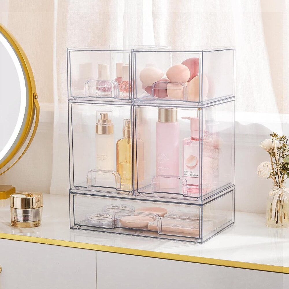4pk Clear Stackable Storage Drawers 4.4" Acrylic Bathroom/Makeup/Undersink